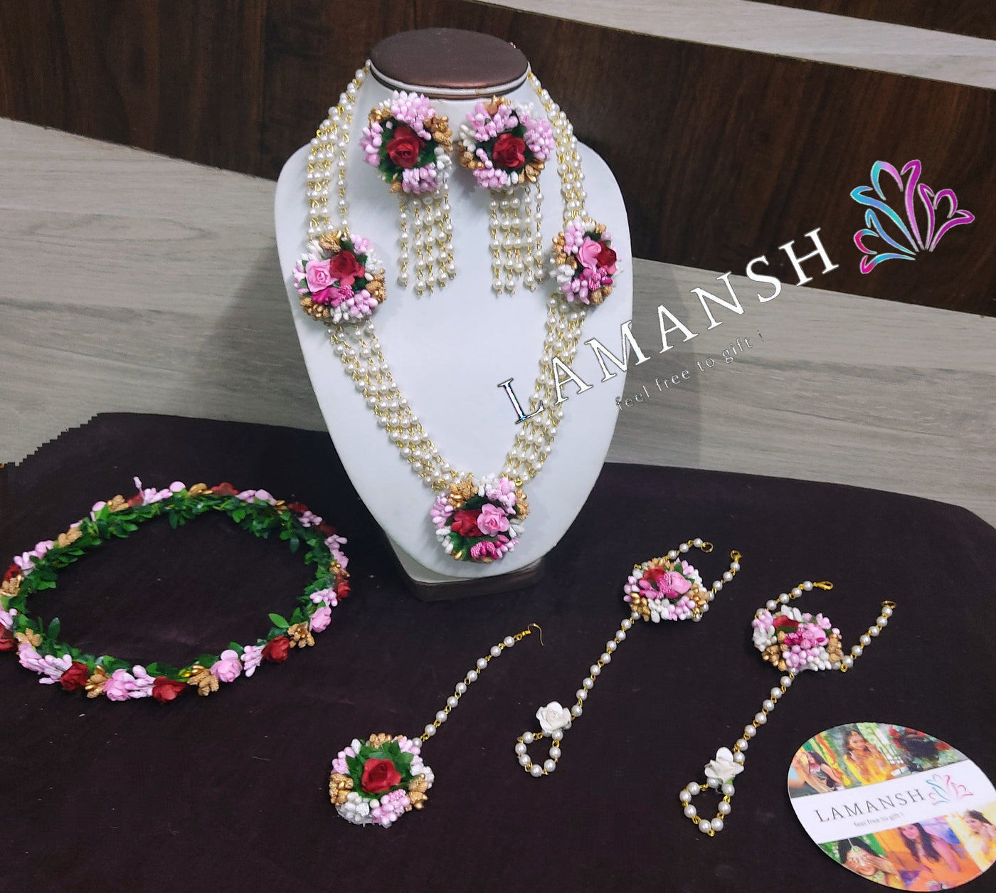 Lamansh Flower 🌺 Jewellery with tiara 1 Necklace, 2 Earrings , 1 Tiara ,1 Maangtika & 2 Hathphools / Pink Red LAMANSH® Pink Red Elegant ♥️ Floral Jewellery Set For Women & Girls / Haldi & Mehendi Set with Tiara