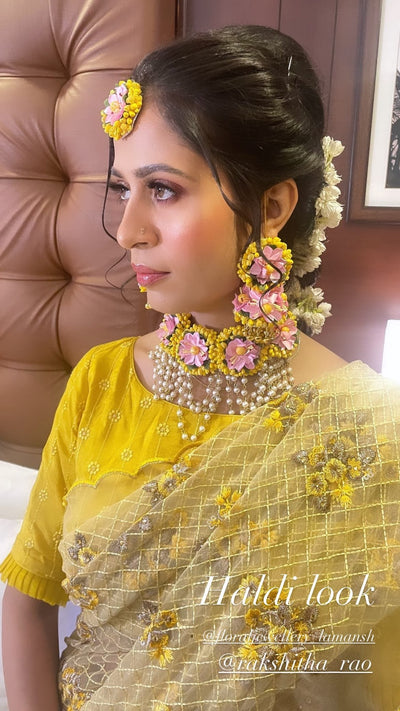 LAMANSH Flower Jewellery Yellow & Baby Pink LAMANSH® Bridal Yellow Pink Artificial Flower 🌸 Jewellery Set for Haldi - Mehendi ceremony