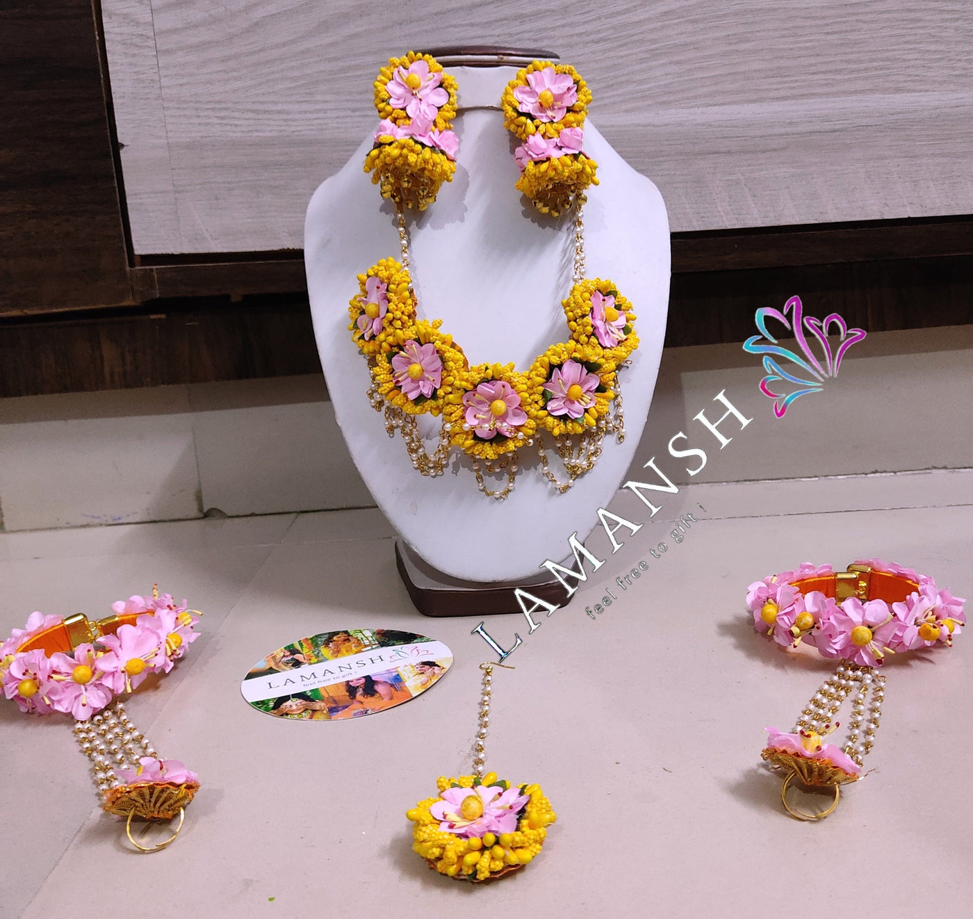 LAMANSH Flower Jewellery Yellow & Baby Pink LAMANSH® Bridal Yellow Pink Artificial Flower 🌸 Jewellery Set for Haldi - Mehendi ceremony
