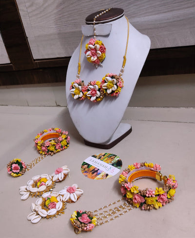 LAMANSH Flower Jewellery Yellow & Baby Pink LAMANSH® Cowrie Shells 🐚 X Flower 🌸 Jewellery Set for Haldi - Mehendi ceremony