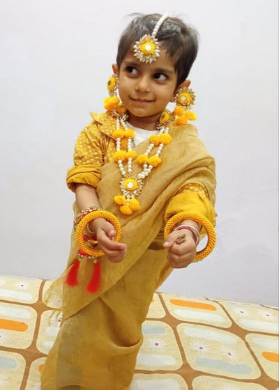 LAMANSH Flower Jewellery Yellow , Golden LAMANSH® Yellow Gota Pom Pom Artificial Flower 🌸 Jewellery Set for Baby Girl / Floral set for kids