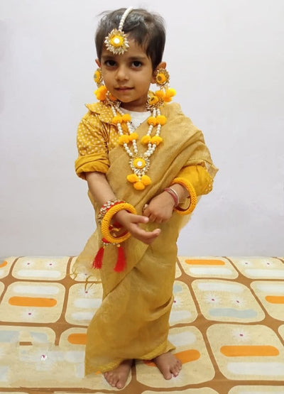 LAMANSH Flower Jewellery Yellow , Golden LAMANSH® Yellow Gota Pom Pom Artificial Flower 💛 Jewellery Set for Baby Girl 👧 / Floral set for kids