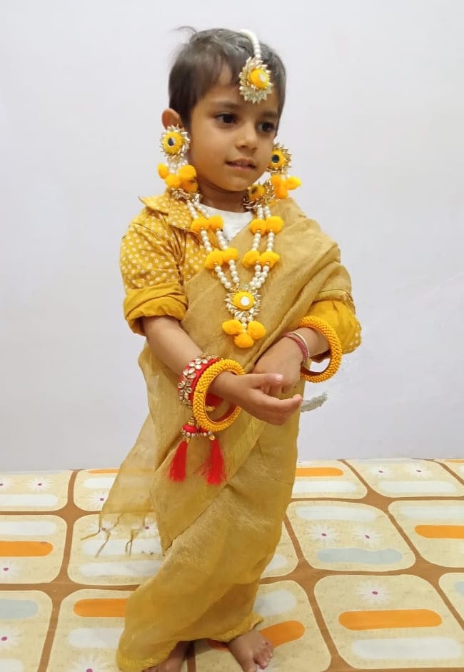 LAMANSH Flower Jewellery Yellow , Golden LAMANSH® Yellow Gota Pom Pom Artificial Flower 💛 Jewellery Set for Baby Girl 👧 / Floral set for kids