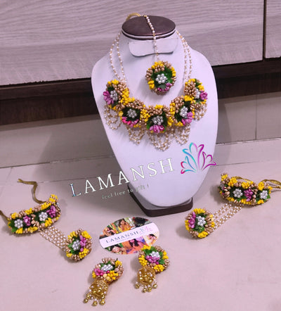 LAMANSH Flower Jewellery Yellow , Hot Pink , Golden LAMANSH® Yellow Pink Golden Green Artificial Flower 🌸 Jewellery Set for Haldi - Mehendi ceremony