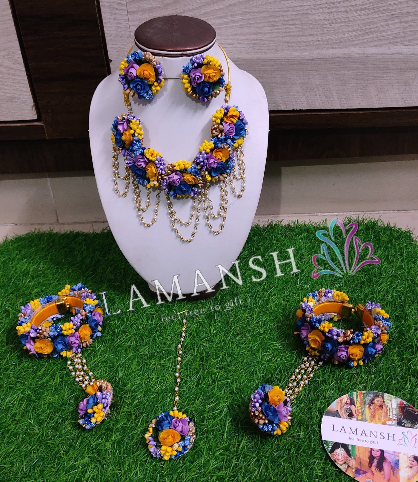 LAMANSH Flower Jewellery Yellow Purple Blue Gold LAMANSH® Bridal Flower Jewelry Set 🌺 / Floral set for Bride in Haldi or Mehendi ceremony