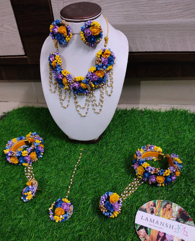 LAMANSH Flower Jewellery Yellow Purple Blue Gold LAMANSH® Flower Jewelry Set 🌺 / Floral set for Bride in Haldi or Mehendi ceremony