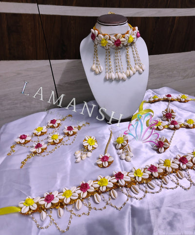 LAMANSH Flower Jewellery Yellow-White-Pink / Standard / Shells 🐚 Style Lamansh® Floral Shells 🐚 Collection Jewellery Set 🌺🌻🌹🌷 / Haldi Set with Kamarband / Flower jewellery set