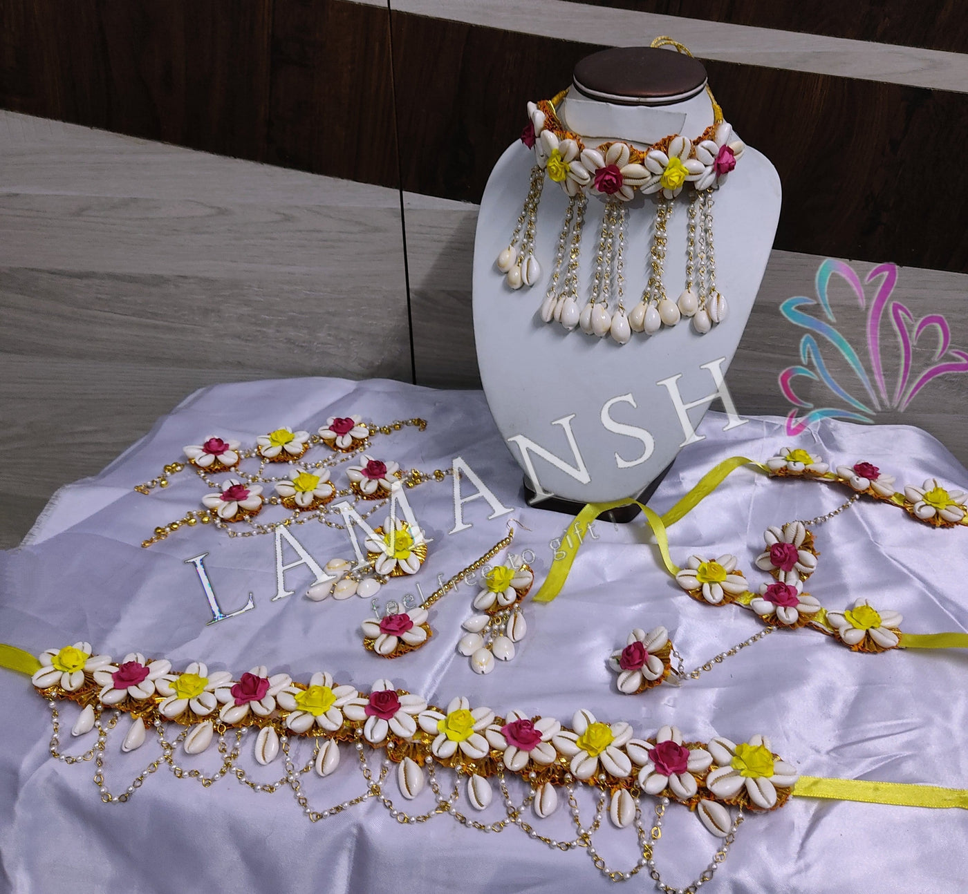 LAMANSH Flower Jewellery Yellow-White-Pink / Standard / Shells 🐚 Style Lamansh® Floral Shells 🐚 Collection Jewellery Set 🌺🌻🌹🌷 / Haldi Set with Kamarband / Flower jewellery set