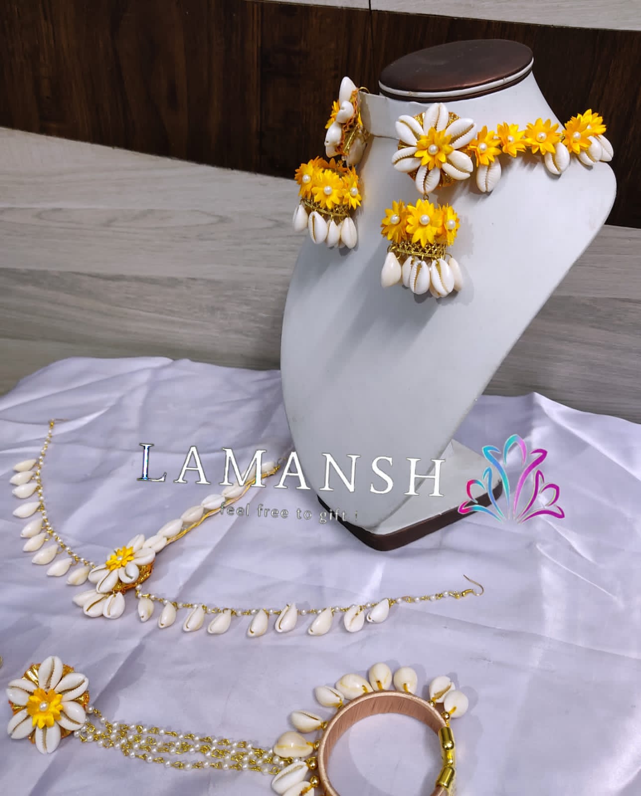 LAMANSH Flower Jewellery Yellow-White / Standard / Shells 🐚 Style LAMANSH® BRIDAL Yellow Shells 💛 Floral Jewellery Set 🌺🌻🌹🌷 / Haldi Set