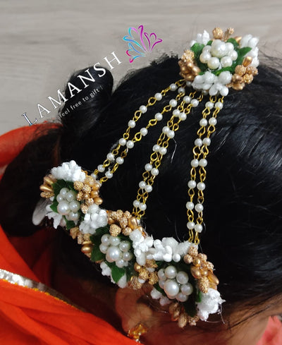 LAMANSH Flower pasa White-Gold / Engagement / Birthday / Wedding LAMANSH® Pack of 1 Hair Pasa set / Hair Accessories Pasaa for Girl & Women / Bridal Hair Accessories For Wedding Haldi set / Haldi Accessories set