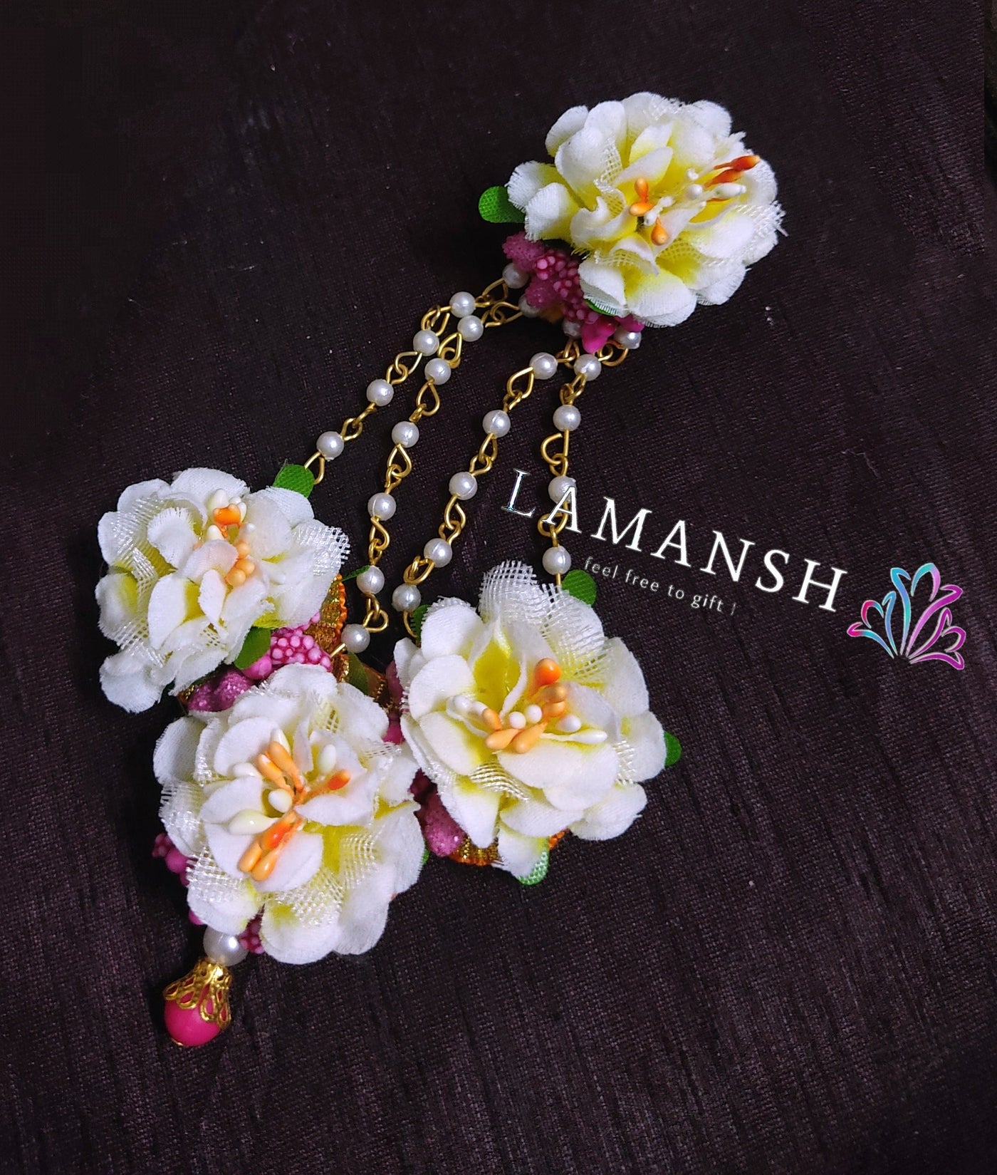 LAMANSH Flower pasa White Pink / Haldi / Mehendi / Sangeet LAMANSH® Pack of 25 Floral 🌺 Hair Paasa set for Giveaways 💛 / Hair Accessories Paassa for Girl & Women / Haldi Mehendi Favors for bridesmaid