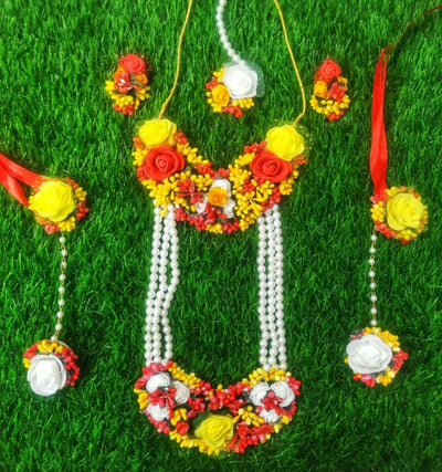 Lamansh flower set with necklace & choker 1 Necklace, 1 Choker , 2 Earrings , 1 Maangtika & 2 Bracelets attached to ring / Red-Yellow LAMANSH® Special Haldi 🌺 Jewellery Set