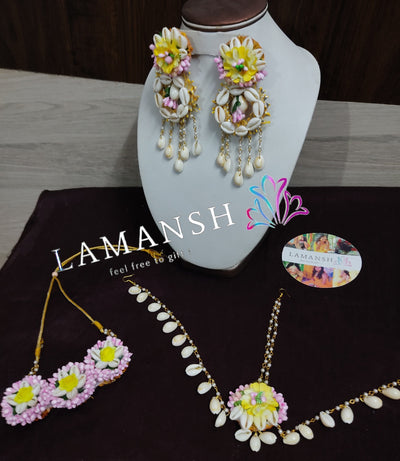 LAMANSH Flower Shell Jewellery Light pink - Yellow / Standard / Shells 🐚 Style Lamansh® Shells 🐚 Floral Jewellery Set 🌺🌻🌹🌷 / Haldi Set