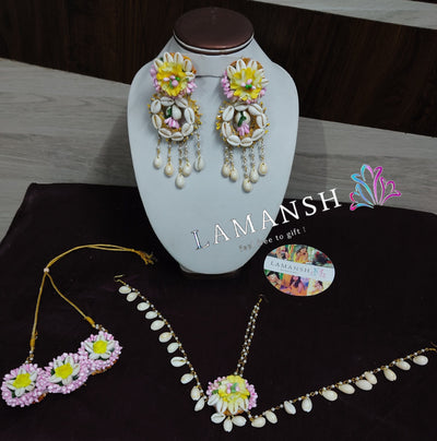 LAMANSH Flower Shell Jewellery Light pink - Yellow / Standard / Shells 🐚 Style Lamansh® Shells 🐚 Floral Jewellery Set 🌺🌻🌹🌷 / Haldi Set