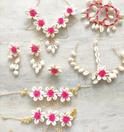 LAMANSH Flower Shell🐚 Jewellery Pink-White / Standard / Shells 🐚 Style Lamansh® Shell Floral Jewellery Set 🌺 with Anklets / Haldi Set
