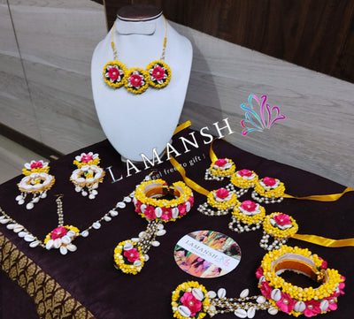 LAMANSH Flower Shell🐚 Jewellery Pink-White-yellow / Standard / Shells 🐚 Style LAMANSH® Shell Floral Jewellery Set 🌺 for Haldi Mehendi Ceremony