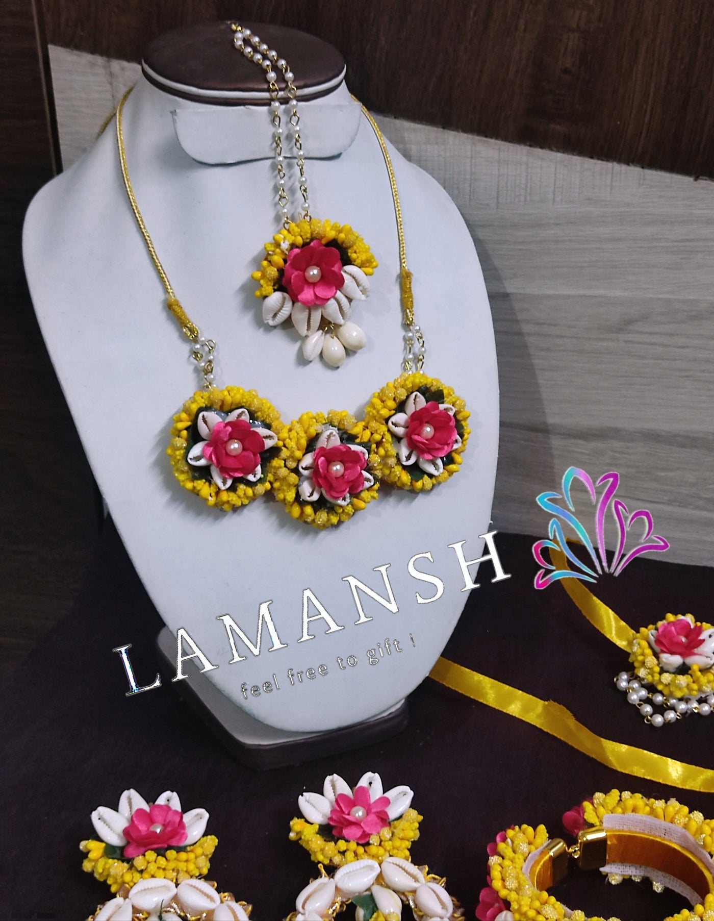 LAMANSH Flower Shell🐚 Jewellery Pink-White-yellow / Standard / Shells 🐚 Style LAMANSH® Shell Floral Jewellery Set 🌺 for Haldi Mehendi Ceremony
