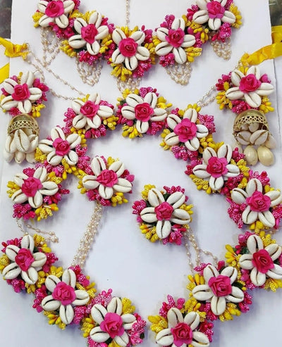 Lamansh Flower Shell🐚 Jewellery Pink-Yellow / Artificial flowers & Shells / Haldi ,Wedding,Engagement Lamansh® Shells 🌺 Floral Jewellery Set for Engagement / Haldi / Floral Payal set