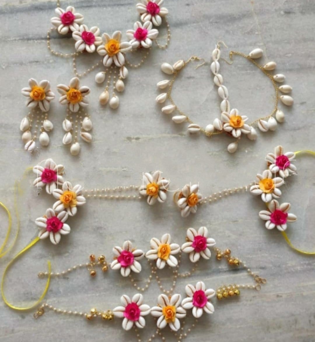 LAMANSH Flower Shell🐚 Jewellery Pink-Yellow / Standard / Shells 🐚 Style LAMANSH® Bridal Shell Floral Jewellery Set 🌺🌻🌹🌷 with Anklets / Haldi Set