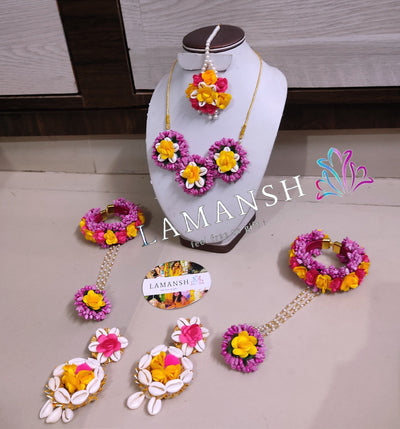 LAMANSH Flower Shell Jewellery Pink Yellow / Standard / Shells 🐚 Style LAMANSH® Yellow Pink Bridal Shells 💛 Floral Jewellery set for Haldi - Mehendi function