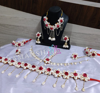 LAMANSH Flower Shell Jewellery Red / Standard / Shells 🐚 Style LAMANSH® Shells 🐚 Collection Flower Jewellery Set 🌹for Haldi ceremony / Artificial Floral set