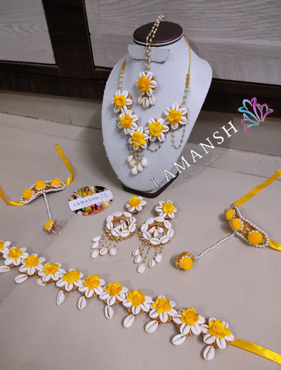 LAMANSH Flower Shell Jewellery White-Yellow / Standard / Shells 🐚 Style LAMANSH® Yellow Bridal Shells 💛 Floral Jewellery set with Kamarbandh for Haldi - Mehendi function
