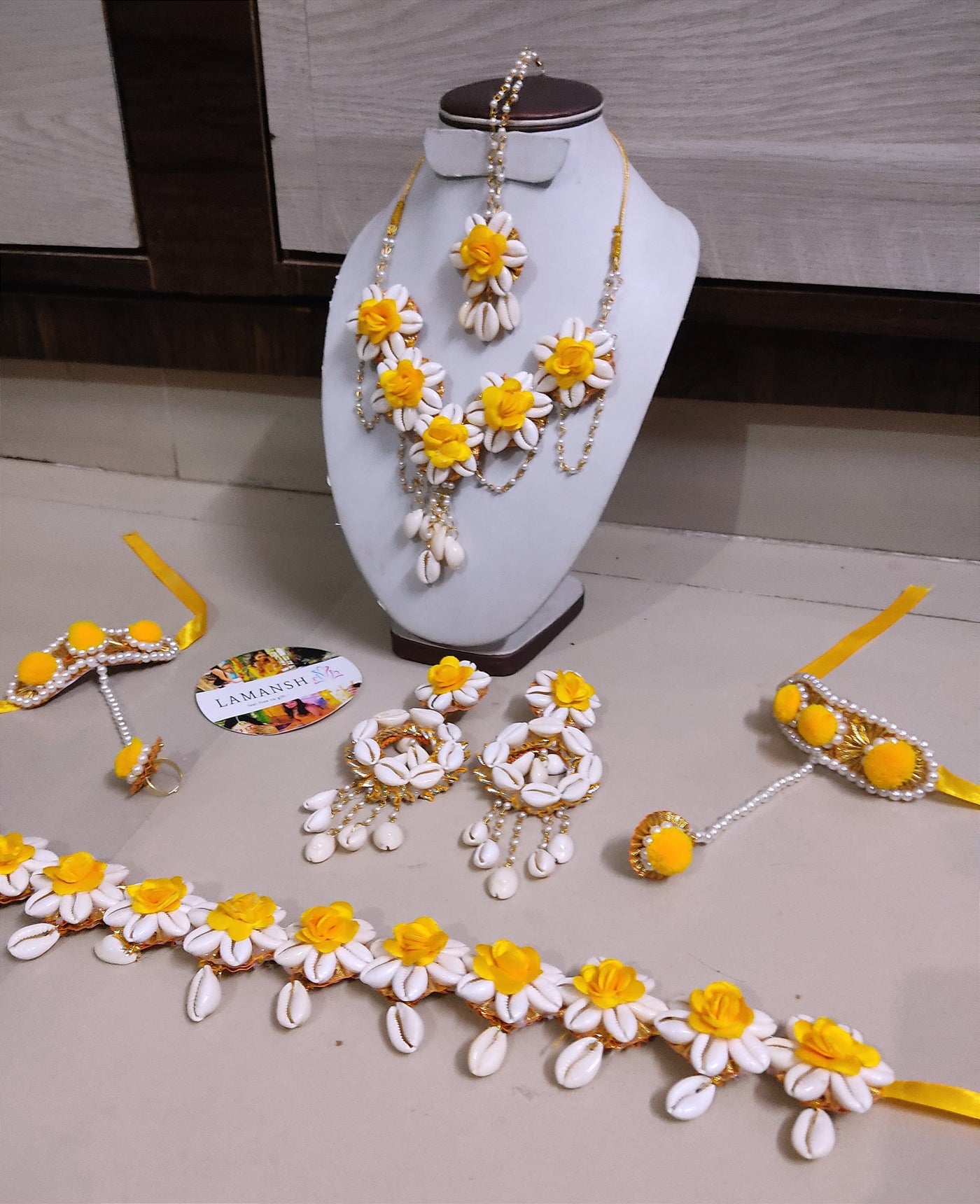LAMANSH Flower Shell Jewellery White-Yellow / Standard / Shells 🐚 Style LAMANSH® Yellow Bridal Shells 💛 Floral Jewellery set with Kamarbandh for Haldi - Mehendi function