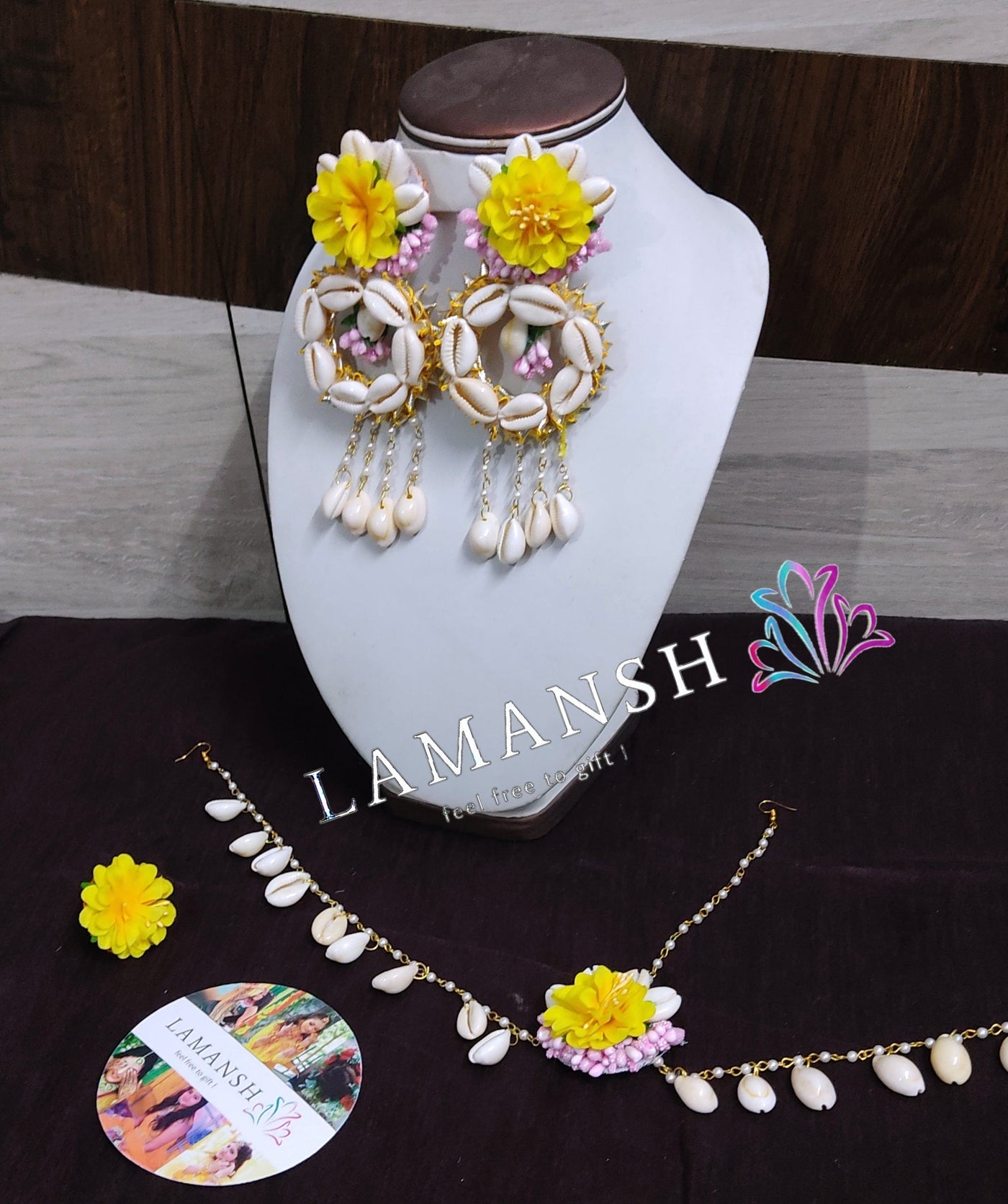 LAMANSH Flower Shell Jewellery Yellow Pink / Standard / Shells 🐚 Style LAMANSH® Flower Jewellery Set With Shells 🐚 Earrings Mathapatti & Ring set