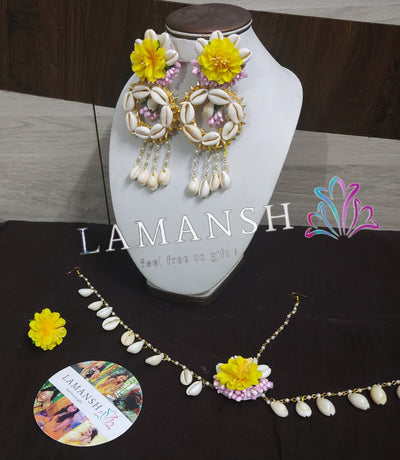 LAMANSH Flower Shell Jewellery Yellow Pink / Standard / Shells 🐚 Style LAMANSH® Flower Jewellery Set With Shells 🐚 Earrings Mathapatti & Ring set