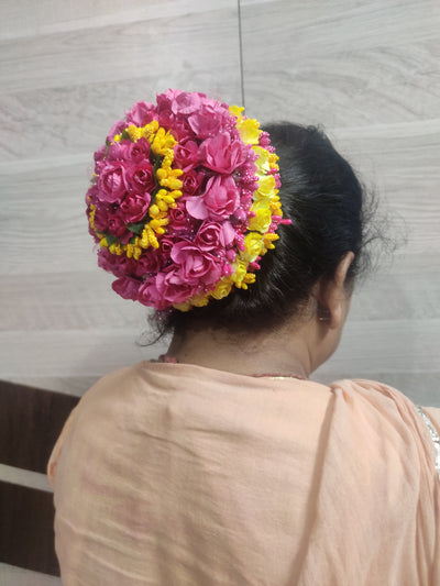 Lamansh Flower Tiara Pink-Yellow / Fabric Flowers / Haldi ,Wedding,Engagement,Ladies Sangeet Lamansh™ Rich Look Floral Hair Bun Juda for Women & Girls
