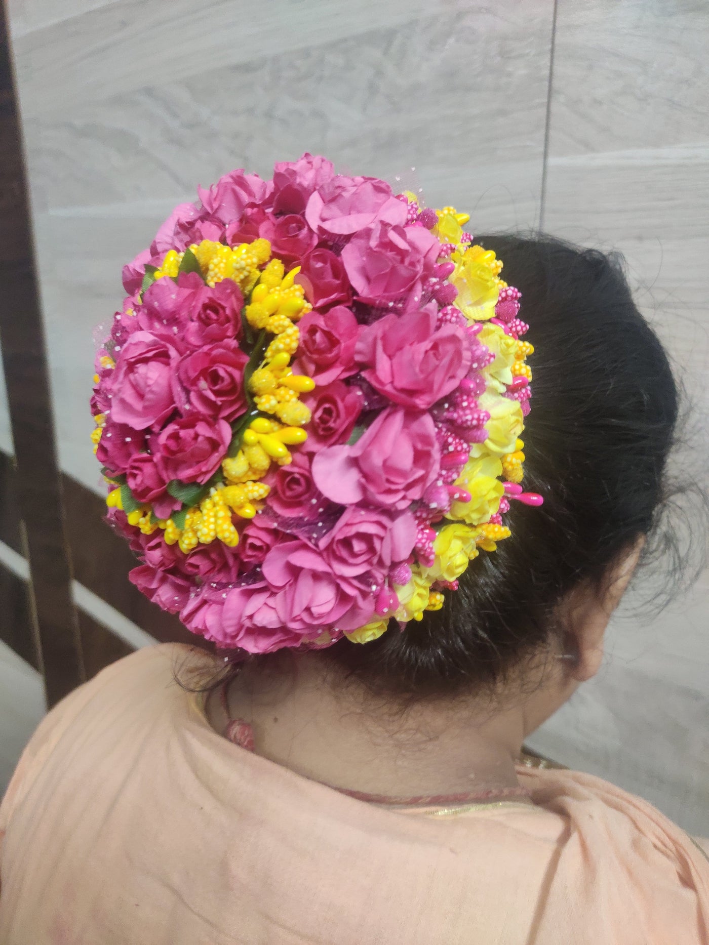 Lamansh Flower Tiara Pink-Yellow / Fabric Flowers / Haldi ,Wedding,Engagement,Ladies Sangeet Lamansh™ Rich Look Floral Hair Bun Juda for Women & Girls
