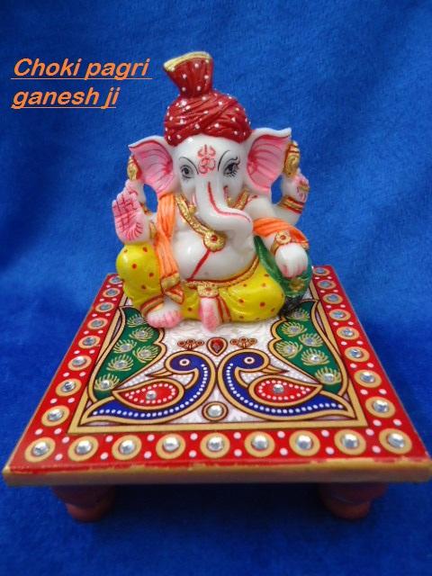 LAMANSH Marble Designer Pooja Chowki with Pagdi Ganesh ji Idol / Marble chowki ganesh