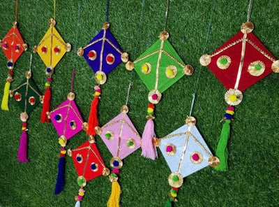 LAMANSH Ganesh Toran Multicolor / Fabric Wool & Craft Materials / Standard LAMANSH® ( Set of 10 ) 15*15 inch Handcrafted Rajasthan Kite Hanging for Event Decoration / Indian Weddings & Haldi Backdrop Wall Decor Kites
