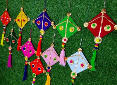LAMANSH Ganesh Toran Multicolor / Fabric Wool & Craft Materials / Standard LAMANSH® ( Set of 10 ) 15*15 inch Handcrafted Rajasthan Kite Hanging for Event Decoration / Indian Weddings & Haldi Backdrop Wall Decor Kites
