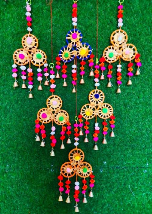 LAMANSH Ganesh Toran Multicolor / Wood & Craft Materials / Standard LAMANSH® ( Set of 10 ) 1.2ft Handcrafted Rajasthan Pom Pom Chakri Hanging Torans Garland Bandhwar with Golden Bells