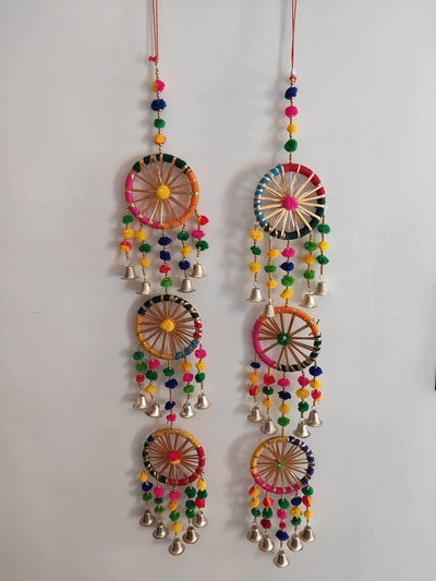 LAMANSH Ganesh Toran Multicolor / Wood / Standard LAMANSH® ( Set of 2 ) 3 ft Handcrafted Rajasthan Pom Pom Chakri Hanging Torans Garland Bandhwar with Golden Bells