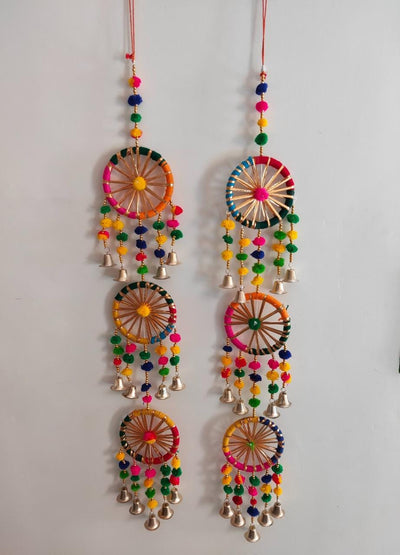 LAMANSH Ganesh Toran Multicolor / Wood / Standard LAMANSH® (Set of 2 pcs) Handcrafted Rajasthan Pom Pom Chakri Hanging Torans with Golden Bells