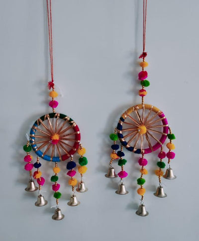 LAMANSH Ganesh Toran Multicolor / Wood / Standard LAMANSH® (Set of 2 pcs) Handcrafted Rajasthan Pom Pom Chakri Hanging Torans with Golden Bells