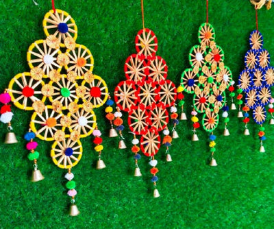 LAMANSH Ganesh Toran Multicolor / Wool & Craft Materials / Standard LAMANSH® ( Set of 10 ) 1.2ft Handcrafted Rajasthan Pom Pom Chakri Hanging Torans Garland Bandhwar with Golden Bells
