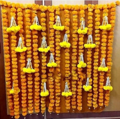 Lamansh genda flower tassels hangings LAMANSH® Pack of 10 Bunch marigold tassel for stage decoration, rajnigandha latkan, Indian floral Haldi decoration tassel, South Indian event decor