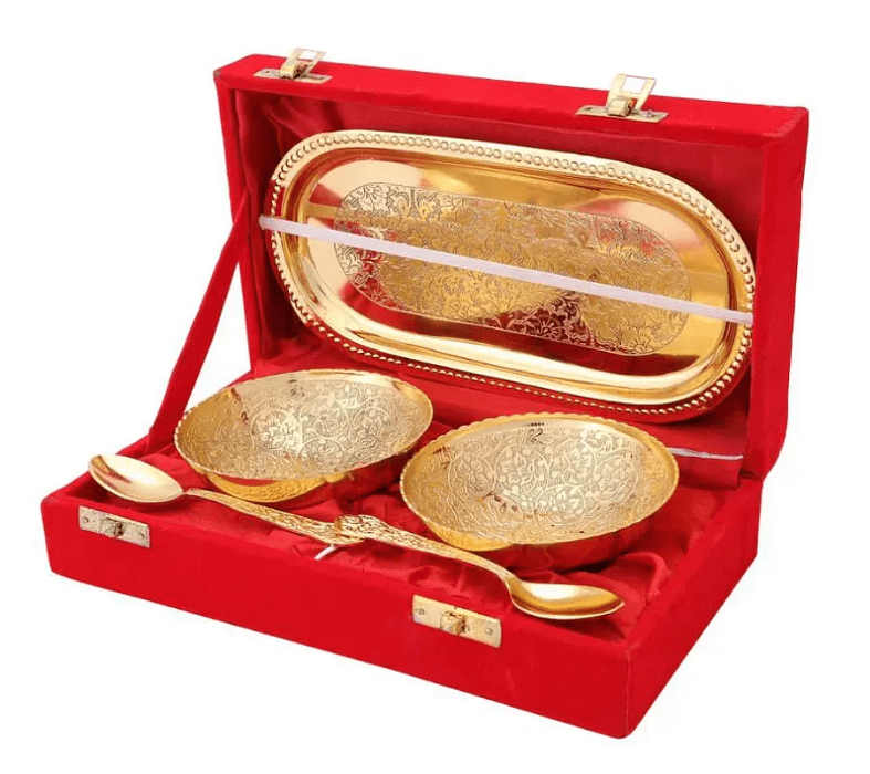 LAMANSH Gold Bowl set Gold / Brass / Standard LAMANSH® Brass Floral Bowl Set - 100 ml, Pack of 2 Bowls, Tray & 2 Spoon set / German silver gift 🎁 products