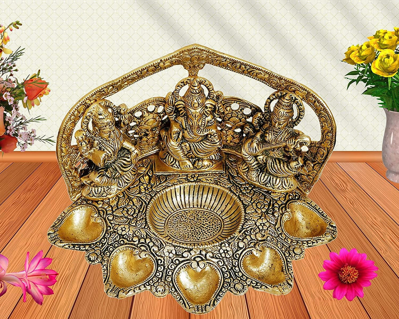 Wonder Care Metal Gold Color Laxmi Ganesha Idol met schotelplaat voor Wonder Care Metal Gold Color Laxmi Ganesha Idol met schotelplaat voor