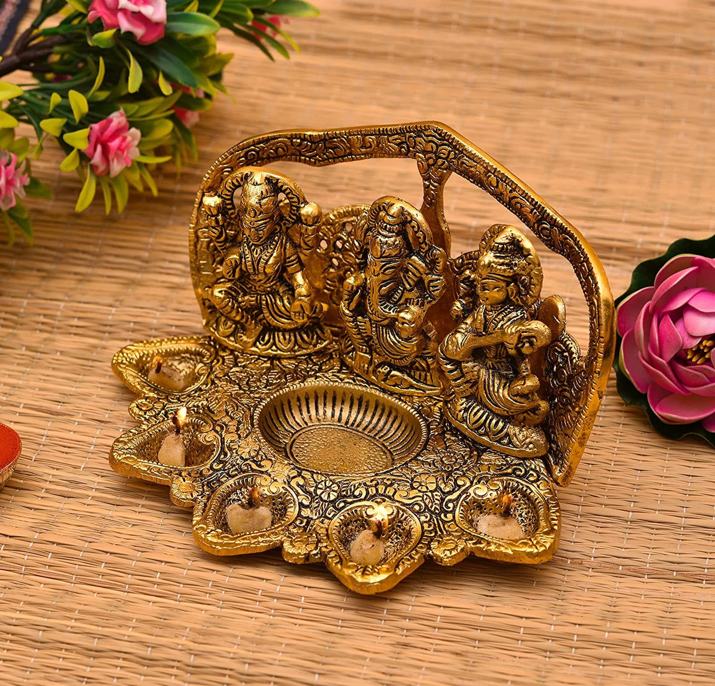 LAMANSH Gold / Brass / Standard LAMANSH® Laxmi Ganesh Saraswati Idol with 5 Diyas for Home Decor and Diwali Gift 
/Laxmi Ganesh Saraswati Idol - Diwali Home Decoration Items (Gold, Standard)