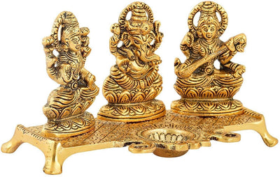 LAMANSH Gold / Brass / Standard LAMANSH® Laxmi Ganesh Saraswati Metal Idol Decorative Platter with Diya