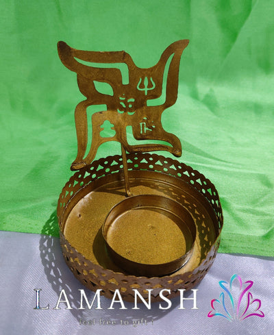 LAMANSH Gold / Metal / 5 LAMANSH Pack of 5 Swastik Trishul Metal Tea Light Diya Candle Holder for Diwali and Home Decoration