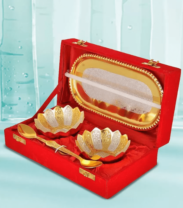 LAMANSH Gold Plated Bowl Set Silver- Gold / Brass / Standard LAMANSH® German Silver and Gold Plated Bowl Set with Royal Velvet Gift Box (Contains-2 Bowls 2 Spoons & 1 Tray )