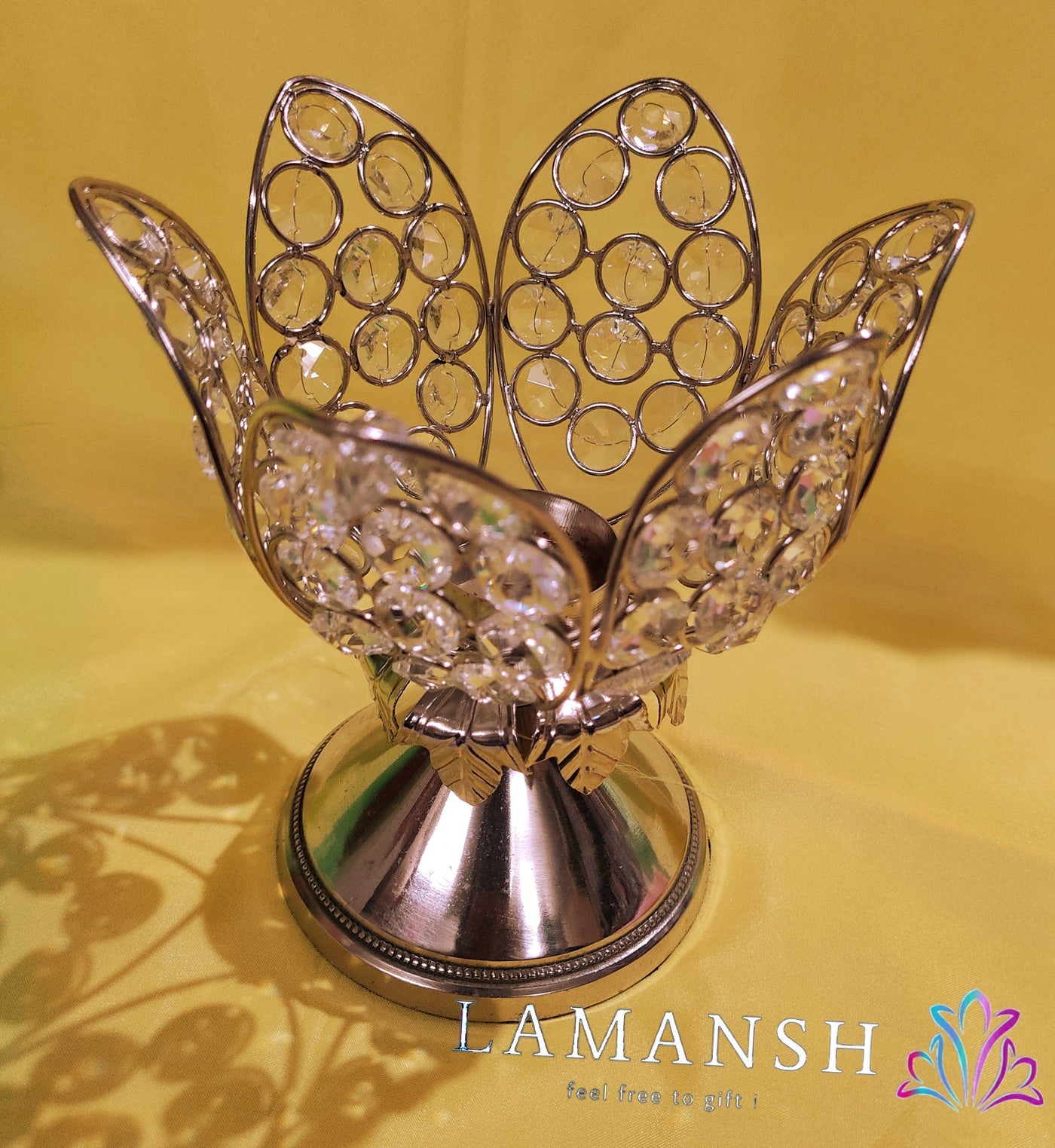 LAMANSH Gold & White / Metal & Crystal / 1 LAMANSH Pack of 1 Decorative Crystal Metal Tea Light Diya Candle Holder for Diwali and Home Decoration