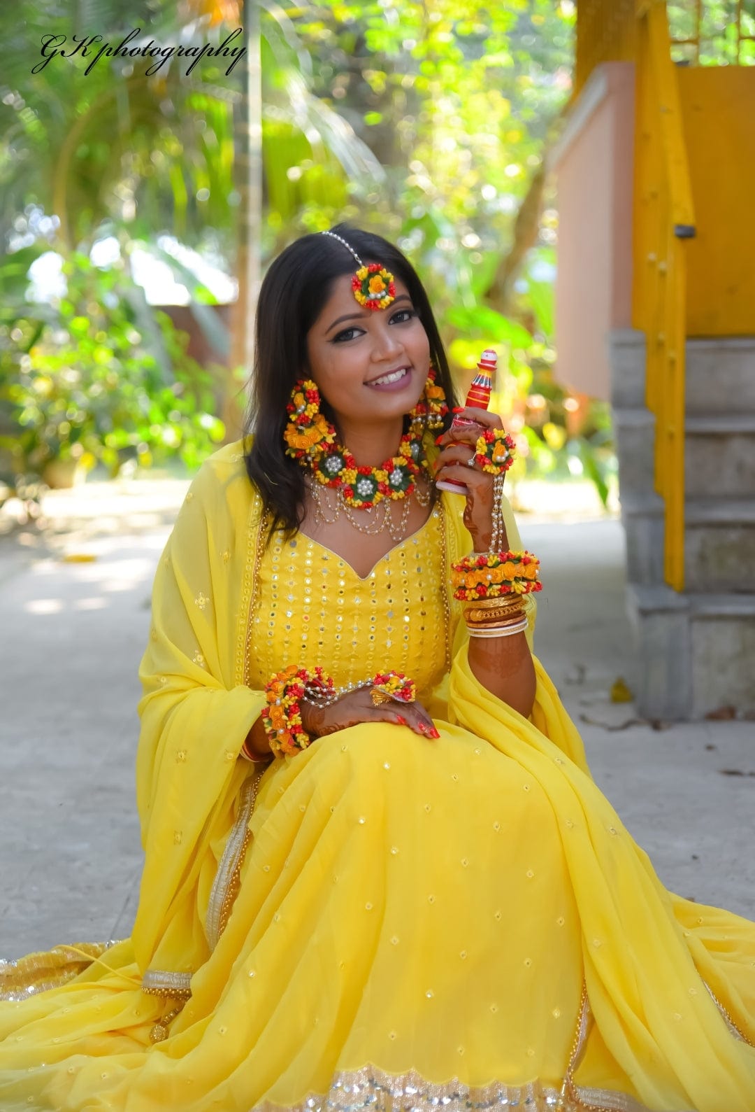 Lamansh gorgeous set Yellow-Red / Free size / Haldi LAMANSH® 🌺 Flower Jewellery Set for Haldi ceremony