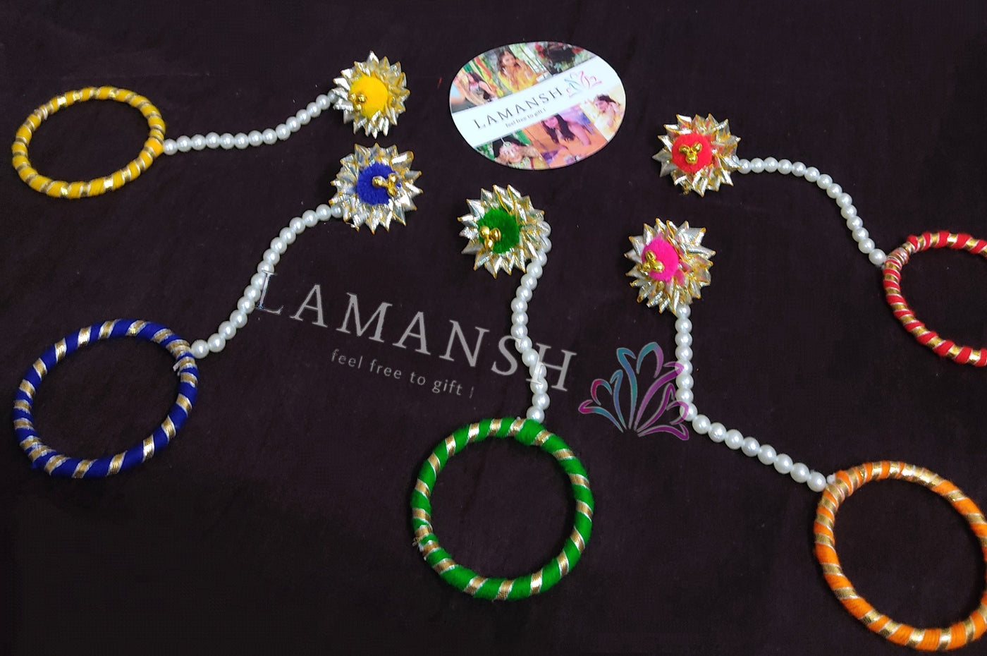 LAMANSH Gota chudi bangles Assorted mix colors / 40 Bangles attached to ring set LAMANSH® Set of 40 Gota Kade Bangle/Bracelets Attached to Ring / Haldi Favours for guests / Pom Pom & Ghungroo Favors for bridesmaid