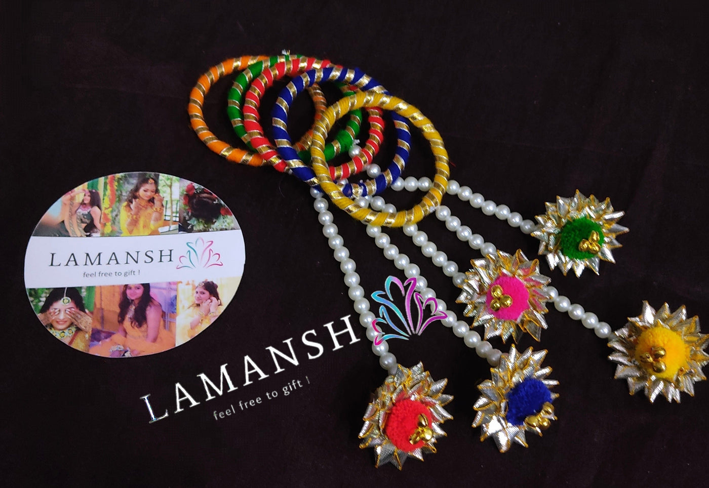 LAMANSH Gota chudi bangles Assorted mix colors / 40 Bangles attached to ring set LAMANSH® Set of 40 Gota Kade Bangle/Bracelets Attached to Ring / Haldi Favours for guests / Pom Pom & Ghungroo Favors for bridesmaid